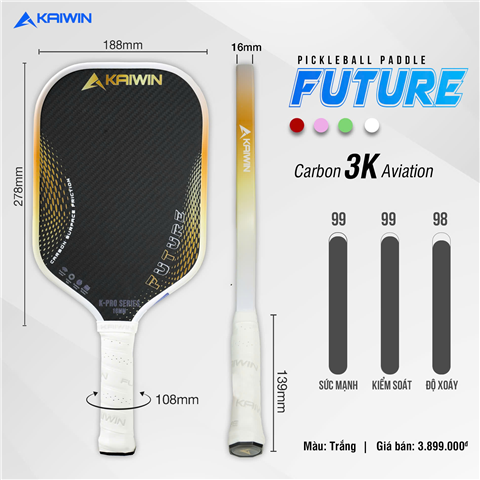 Vợt Pickleball Kaiwin Future 3K 16mm Trắng